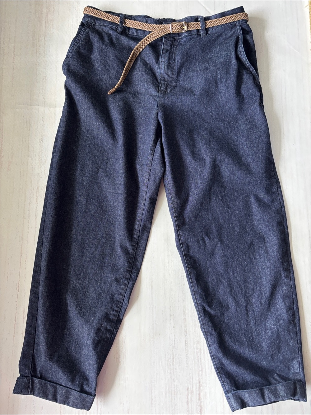Zara Dark Navy High-Rise Casual Denim Trousers with Braided Belt Excellent Cond